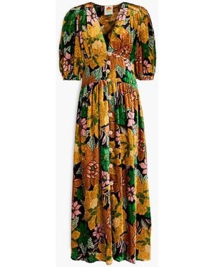 FARM Rio Gathered Floral-Print Velvet Midi Dress - Metallic