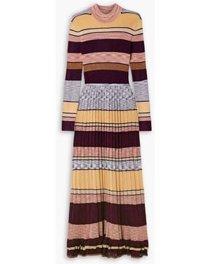 Ulla Johnson Striped Pleated Metallic Knit High-Neck Long Dress - Red