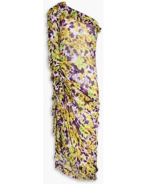 Dries Van Noten One-Shoulder Ruffled Floral-Print Chiffon Midi Dress - Metallic