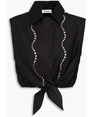 Sandro Cropped Crystal-embellished Cotton-poplin Top - Black