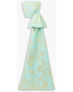 Reem Acra Draped Strapless Bow-detailed Metallic Brocade Top - Green