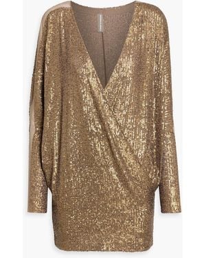 Norma Kamali Draped Sequined Stretch-Tulle Mini Dress - Brown