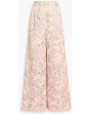 CAMILLA Crystal-Embellished Floral-Print Linen And Silk-Blend Lace Wide-Leg Pants - Pink