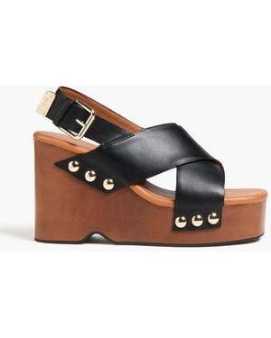 Maje Embellished Leather Wedge Slingback Sandals - Black