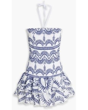 Charo Ruiz Megan Embroidered Shirred Cotton-Blend Halterneck Mini Dress - Blue