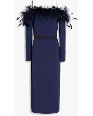 Safiyaa Vittoria Cold-shoulder Belted Feather-embellished Crepe Midi Dress - Blue