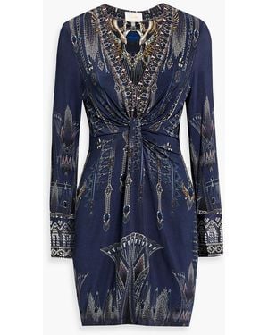 CAMILLA Draped Crystal-Embellished Printed Stretch-Jersey Mini Dress - Blue