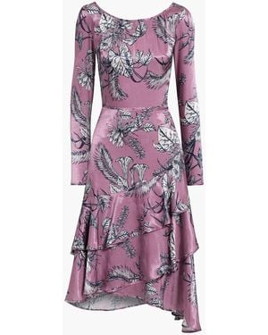 Marchesa Asymmetric Tiered Floral-Print Satin Midi Dress - Purple