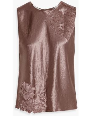 Vince Floral-appliquéd Crinkled-satin Top - Brown