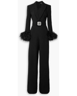 Andrew Gn Belted Embellished Feather-trimmed Crepe Jumpsuit - Black