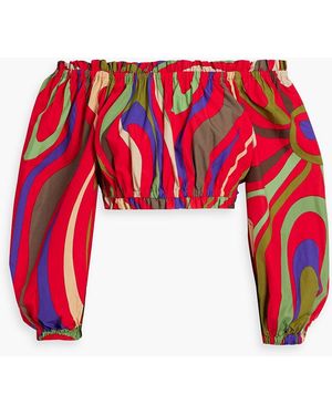 PUCCI Off-the-shoulder Cropped Printed Cotton-poplin Top - Red