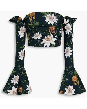 Agua Bendita Gracia Pasiflora Off-the-shoulder Cropped Floral-print Stretch-jersey Top - Black
