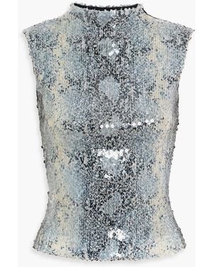 16Arlington Tania Snake-Print Sequined Mesh Top - Gray
