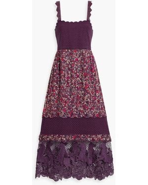 FARM Rio Lace-Paneled Floral-Print Broderie Anglaise Cotton Midi Dress - Purple