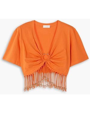 Rabanne Cropped Fringed Embellished Cotton-Jersey Top - Orange
