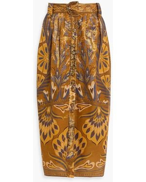 FARM Rio Belted Printed Cotton-Blend Midi Skirt - Natural