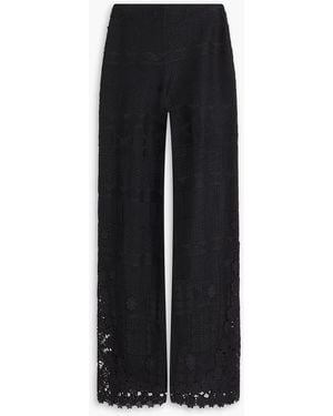 Maje Crocheted Lace-Paneled Jacquard-Knit Wide-Leg Trousers - Black