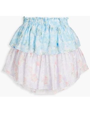 LoveShackFancy Ruffled Floral-print Silk-chiffon Mini Skirt - Blue