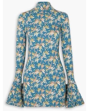 Les Rêveries Open-back Ruffled Floral-print Stretch-jersey Turtleneck Mini Dress - Blue