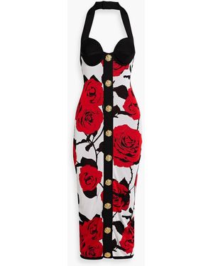 Balmain Jacquard-Knit Halterneck Midi Dress - Red