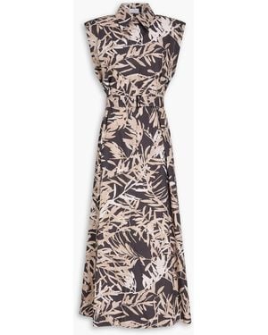 Brunello Cucinelli Belted Printed Cotton-Poplin Midi Shirt Dress - Brown