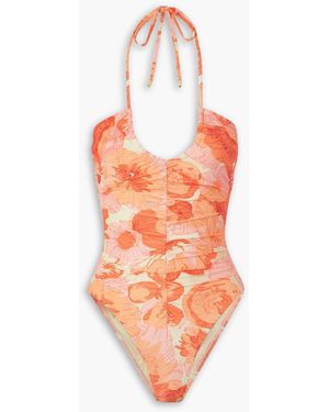 Peony Neckholder-badeanzug aus stretch-econyl® mit blumenprint und raffungen - Orange