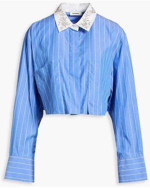 Sandro Cropped Striped Cotton-Poplin Shirt - Blue