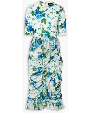 Quinn Ruffled Ruched Floral-print Crepe De Chine And Jersey Dress - Blue