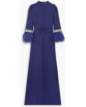 Andrew Gn Embellished Feather-trimmed Cady Gown - Blue