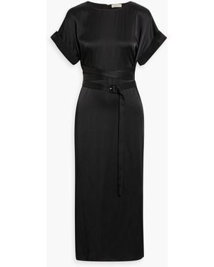 LAPOINTE Belted Satin-Crepe Midi Dress - Black
