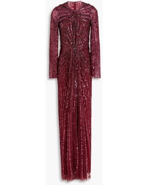 Jenny Packham Embellished Draped Tulle Gown - Red