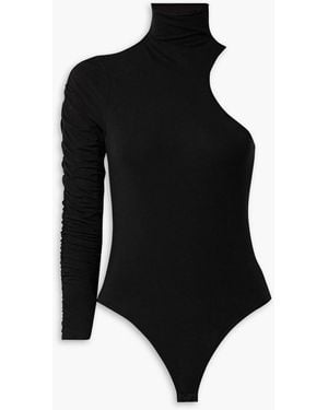 Skin Atlas One-sleeve Stretch Pima Cotton-jersey Turtleneck Thong Bodysuit - Black