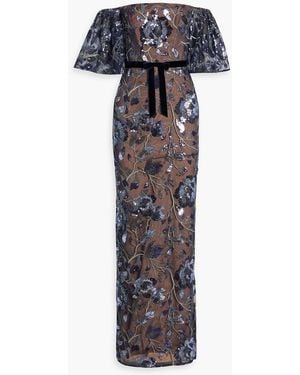 Marchesa Off-The-Shoulder Embellished Tulle Gown - Blue