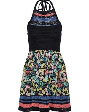 RED Valentino Printed Silk-blend Chiffon-paneled Crocheted Cotton Dress - Blue