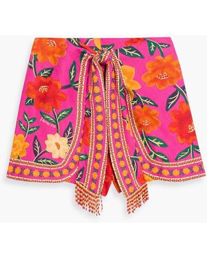 FARM Rio Skirt-Effect Printed Linen-Blend Shorts - Red