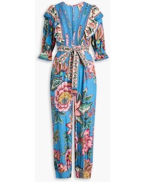 FARM Rio Crochet-Trimmed Floral-Print Linen-Blend Jumpsuit - Blue
