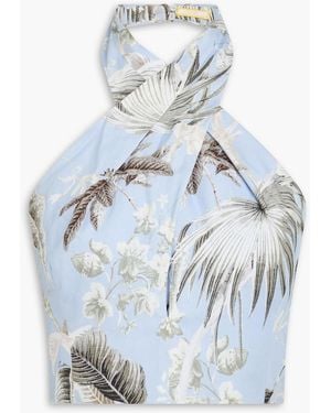 Erdem Luna Cropped Floral-Print Cotton Halterneck Top - Blue
