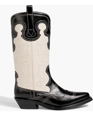 Ganni Two-Tone Embroidered Leather Cowboy Boots - Black