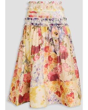 Zimmermann Ruffled Floral-print Linen And Silk-blend Gauze Midi Skirt - Yellow