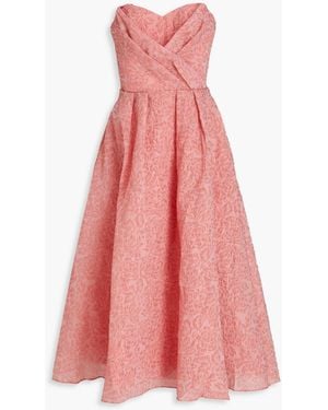 Marchesa Strapless Pleated Cloqué Midi Dress - Pink