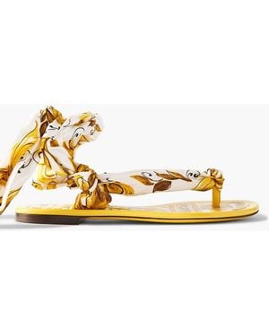 Dolce & Gabbana Maiolica Capri Scarf Leather-trimmed Printed Twill Sandals - Metallic