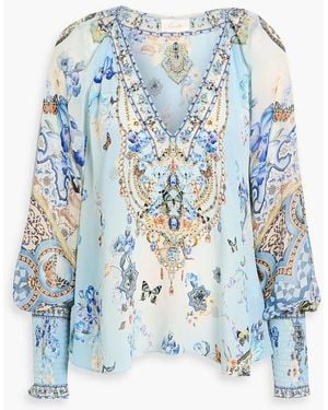 CAMILLA Crystal-Embellished Printed Silk Crepe De Chine Blouse - Blue