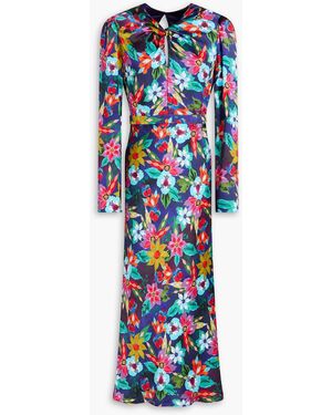 Saloni Claudia Twisted Floral-Print Silk-Satin Midi Dress - Blue