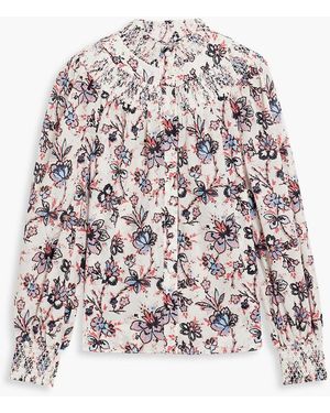 10 Crosby Derek Lam Smocked Floral-print Cotton-poplin Blouse - White