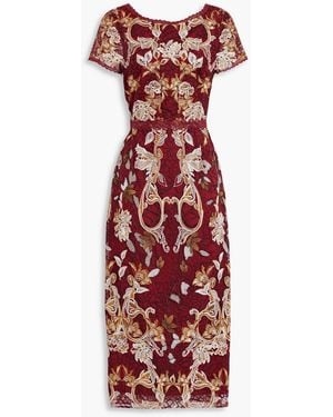 Marchesa Embroidered Tulle Midi Dress