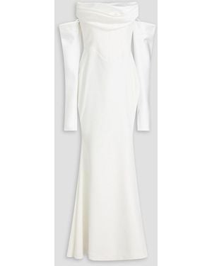 Rhea Costa Raven Off-the-shoulder Draped Satin-trimmed Crepe Gown - White