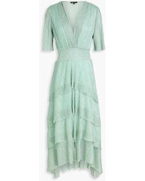 Maje Metallic Plissé-tulle Midi Dress - Green