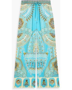 CAMILLA Crystal-Embellished Printed Silk-Satin Wide-Leg Pants - Blue
