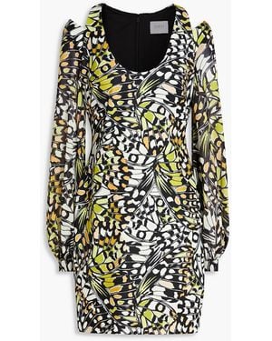 ONE33 SOCIAL Cutout Printed Chiffon And Stretch-jersey Mini Dress - Black