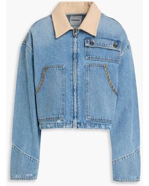 Sandro Cropped Twill-Trimmed Studded Denim Jacket - Blue
